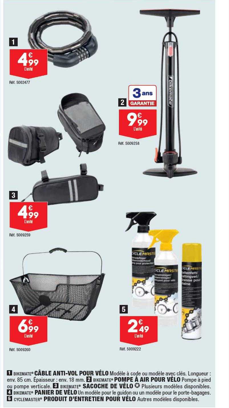 câble anti-vol pour vélo, pompe à air pour vélo, sacoche de vélo, panier de vélo, produit d'entretien pour vélo