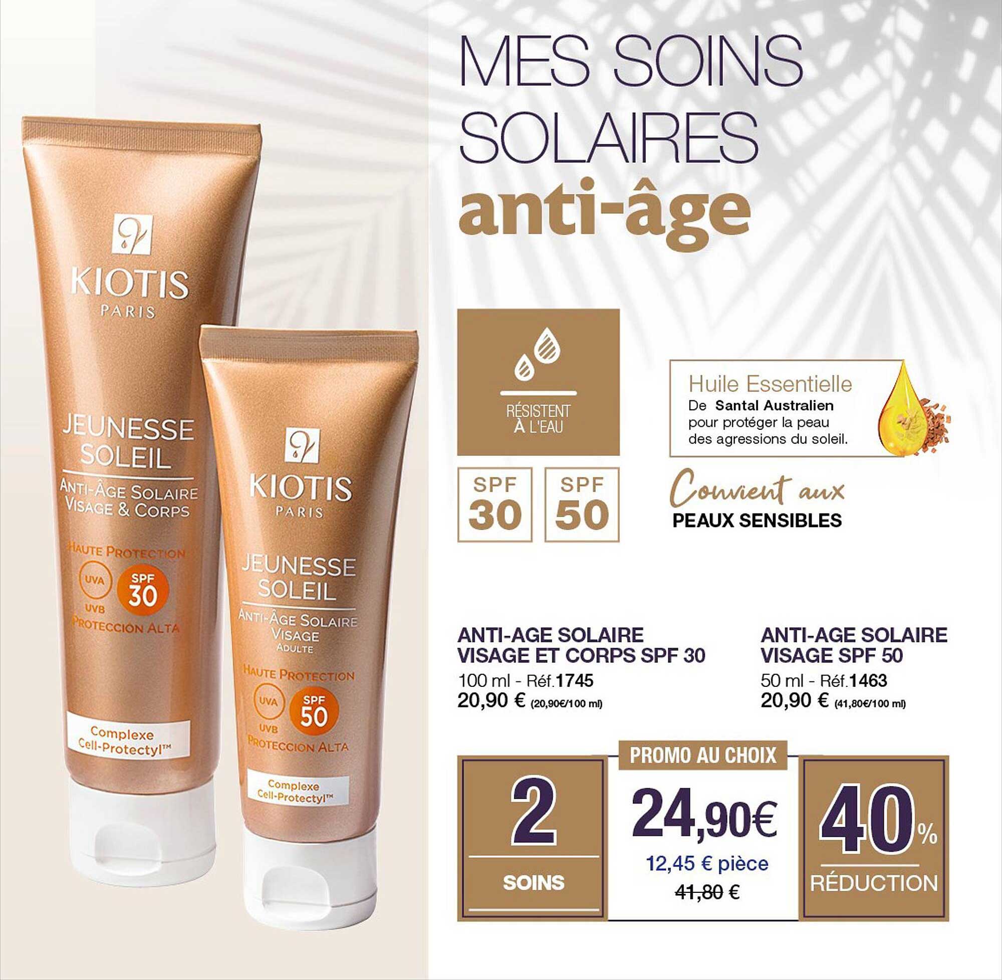 anti-âge solaire visage et corps spf 30 kiotis, anti-âge solaire visage spf 50 kiotis
