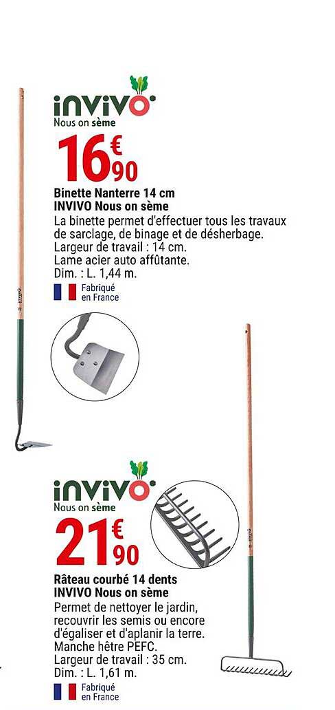 binette nanterre 14 cm invivo nous on sème, râteau courbé 14 dents invivo nous on sème