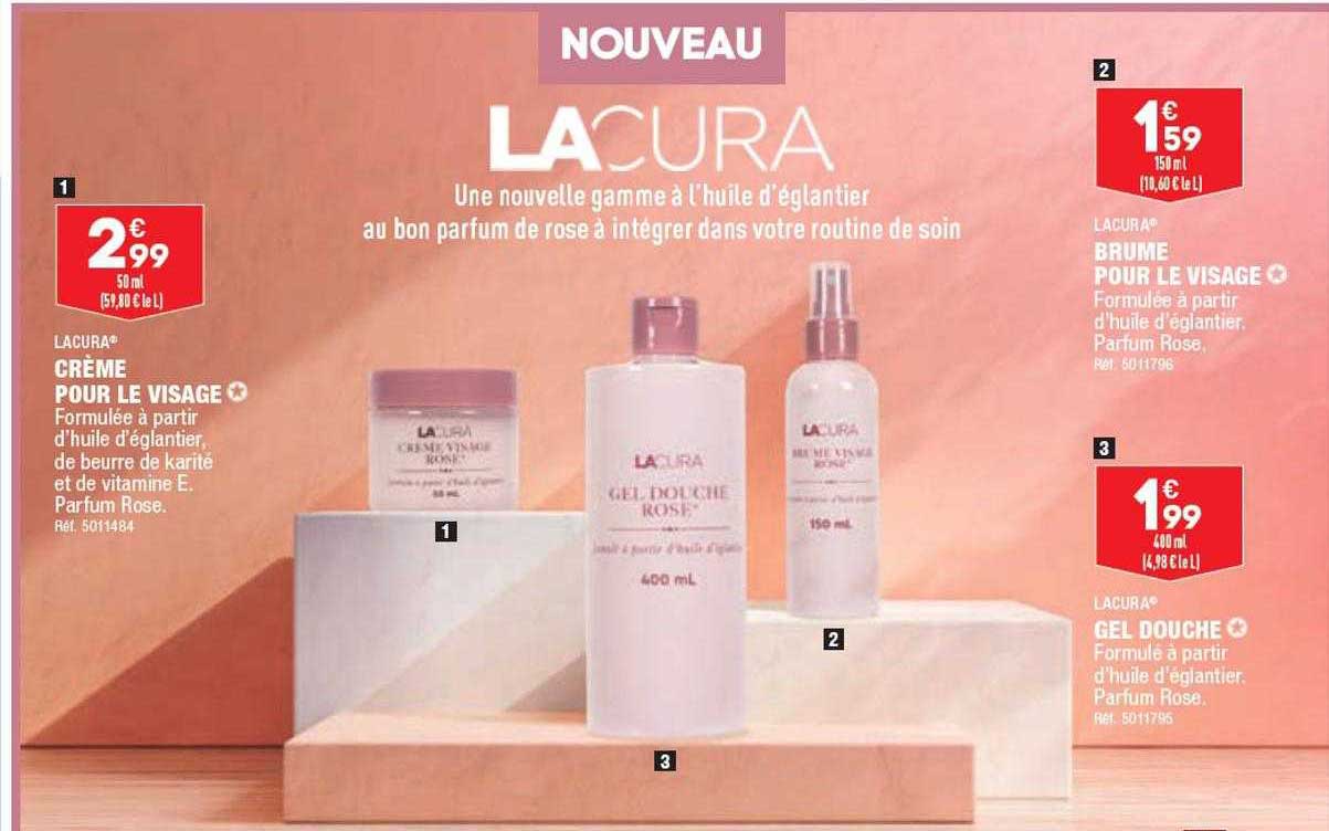crème pour le visage lacura, brume pour le visage lacura, gel douche lacura