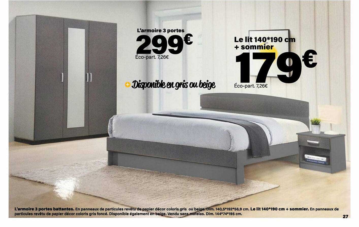 l'armoire 3 portes, le lit 140 x 190 cm + sommier