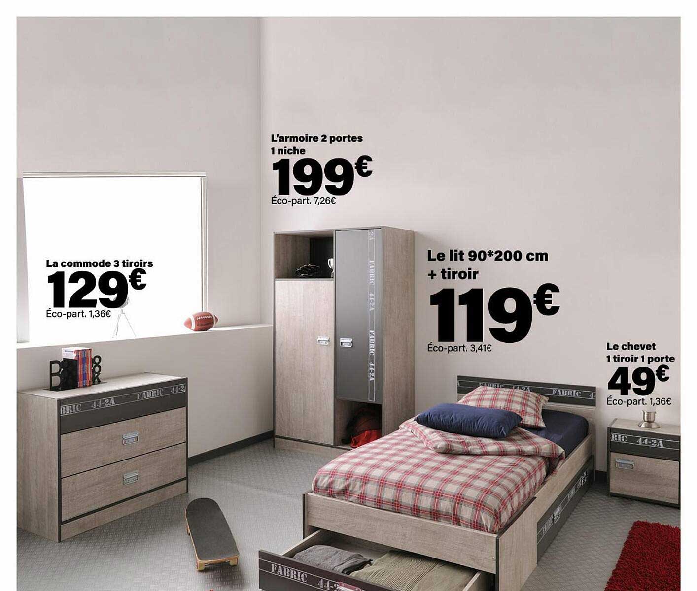 la commode 3 tiroirs, l'armoire 2 portes 1 niche, le lit 90 x 200 cm + tiroir, le chevet 1 tiroir 1 porte