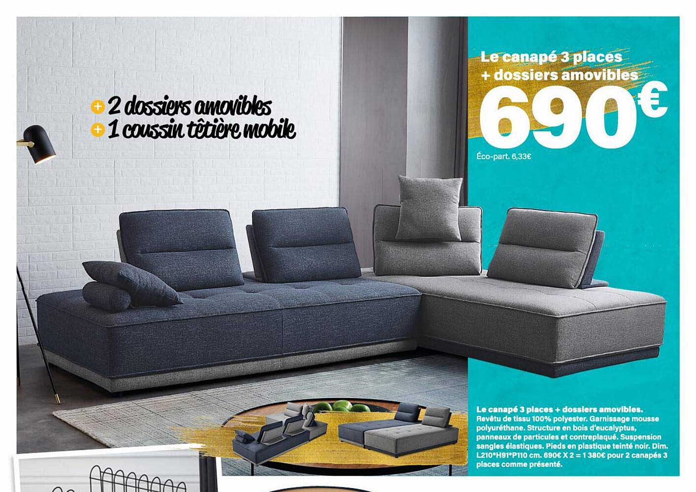 le canapé 3 places + dossiers amovibles