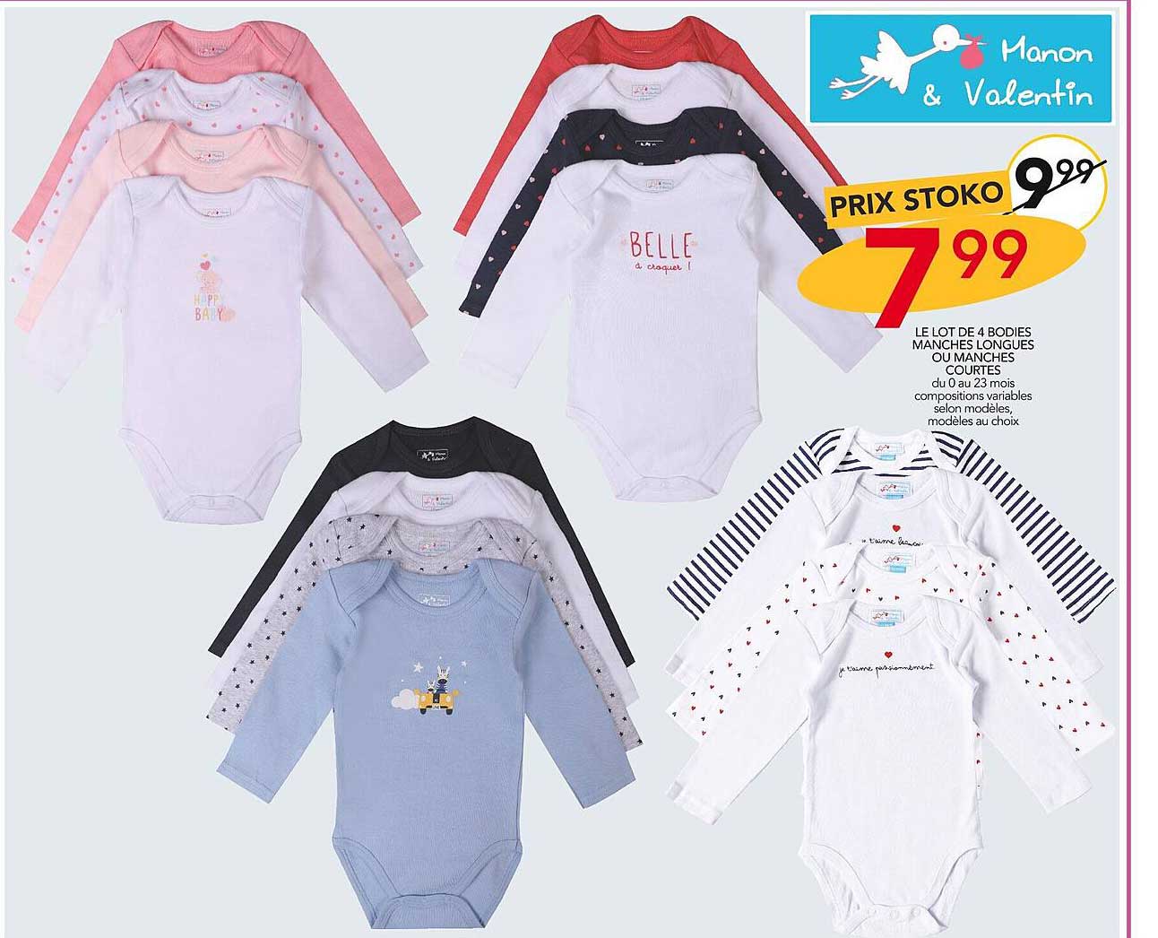 le lot de 4 bodies manches longues ou manches courtes
