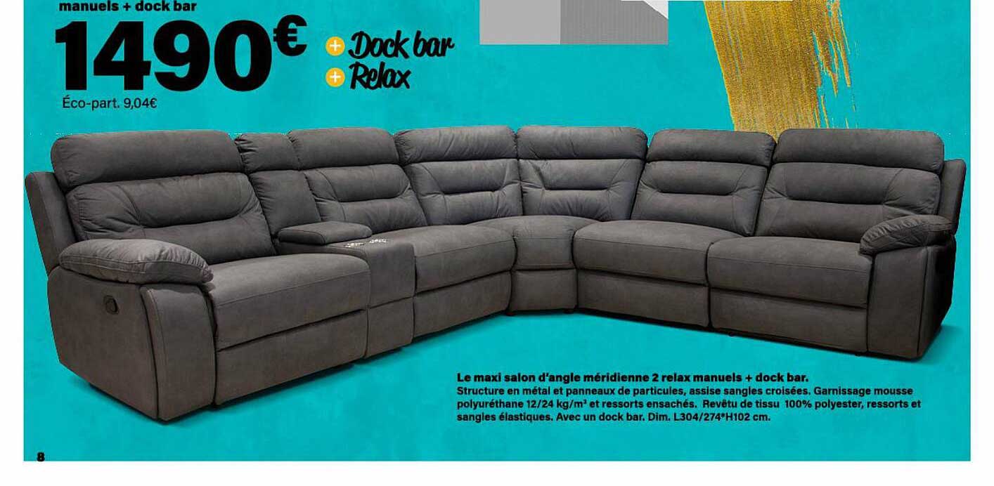 le maxi salon d'angle méridienne 2 relax manuels + dock bar