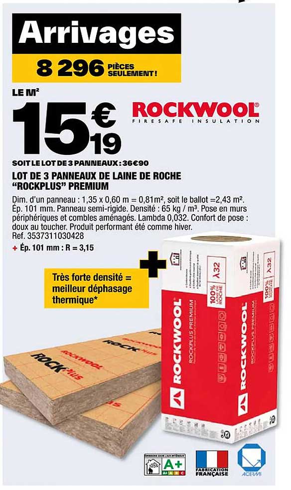 lot de 3 panneaux de laine de roche "rockplus" premium rockwool