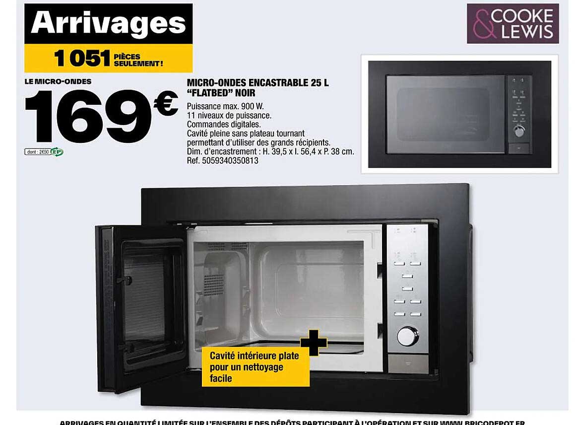 micro-ondes encastrable 25l "flatbed" noir cooke & lewis