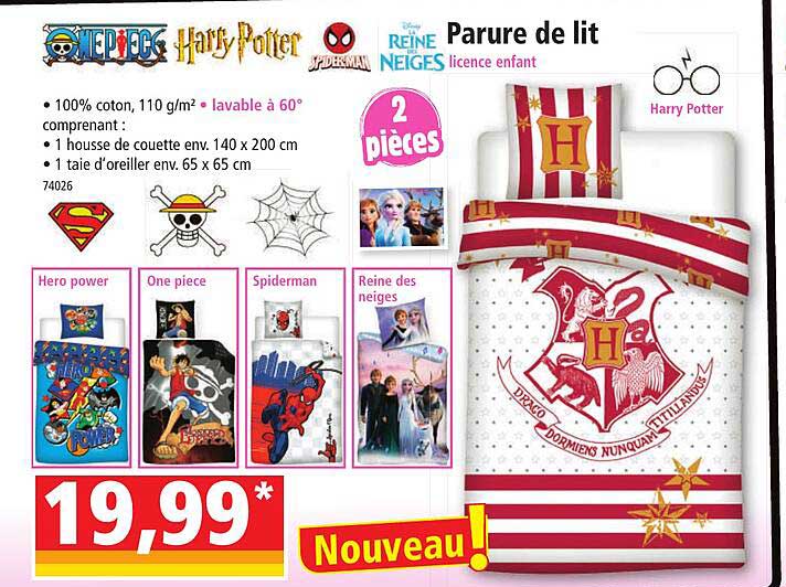 parure de lit onepiece, harry potter, spiderman, la reine des neiges