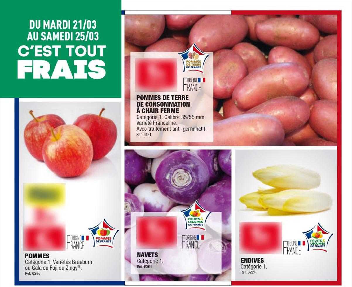 pommes de terre de consommation à chair ferme, pommes, navets, endives