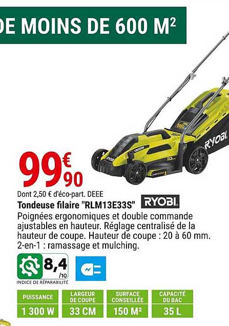 tondeuse filaire "rlm13e33s" ryobi