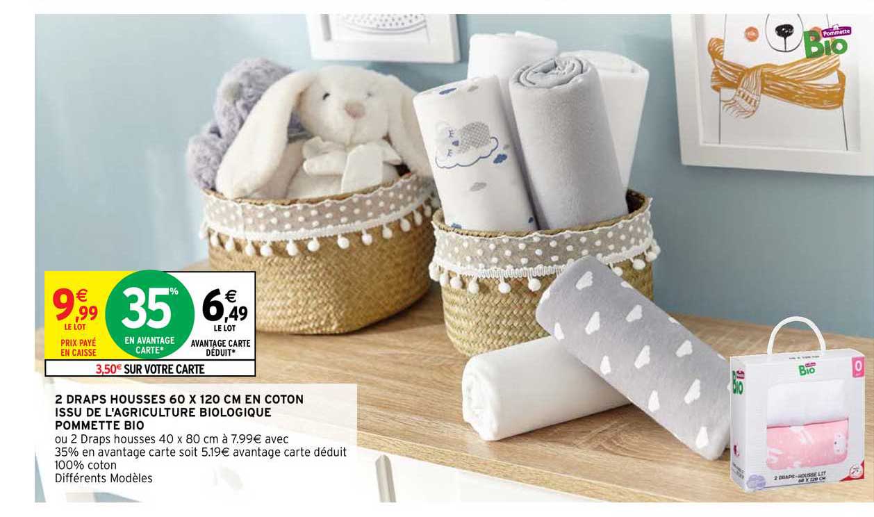 2 draps housses 60 x 120 cm en coton issu de d'agriculture biologique pommette bio