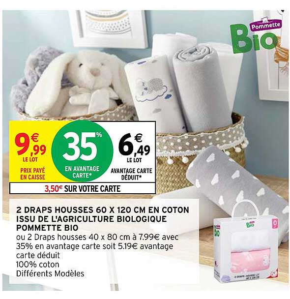 2 draps housses 60 x 120 cm en coton issu de l'agriculture biologique pommette bio