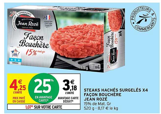 steaks hachés surgelés x4 façon bouchère jean rozé