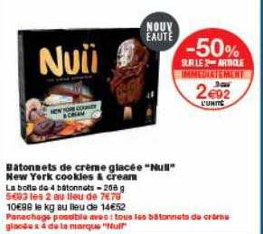 batonnets de crème glacée nuii new york cookies & cream -50% sur le 2ème article