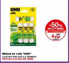 bâtons de colle uhu -50% sur le 2ème article immédiatement