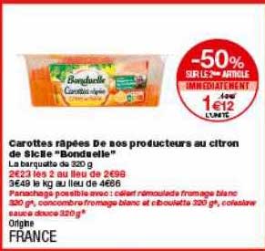 carottes râpées de nos producteurs au citron de sicie bonduelle -50% sur le 2ème article