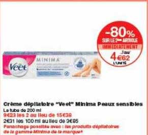 crème dépilatoire veet minima peaux sensibles -80% sur le 2ème article