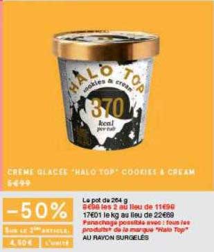 crème glacée halo top cookies & cream -50% sur le 2ème article