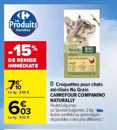 croquettes pour chats stérilisés no grain carrefour companino naturally