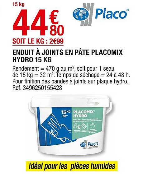 enduit à joints en pâte placomix hydro 15 kg placo