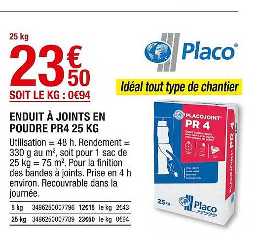 enduit à joints en poudre pr4 25 kg placo