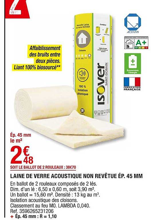 laine de verre acoustique non revêtue ép. 45 mm