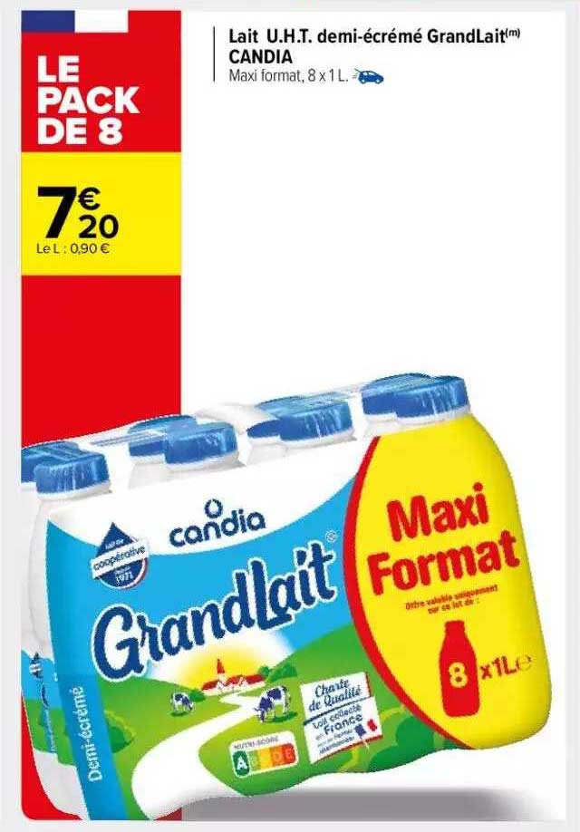 lait u.h.t. demi-écrémé grandLait candia