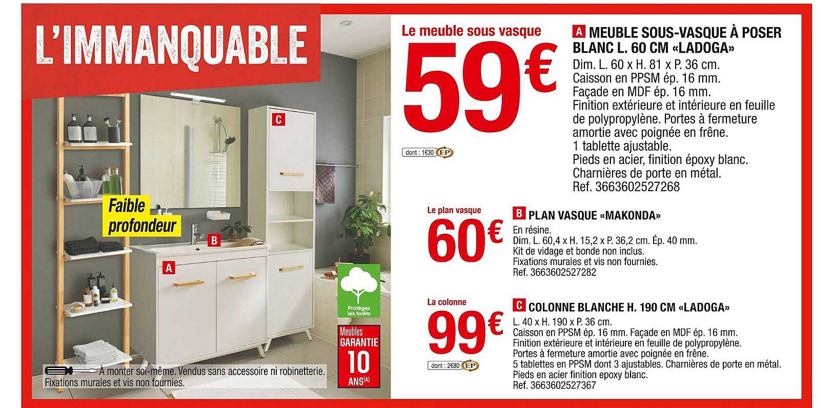 meubles sous-vasque à poser blanc l. 60 cm «ladoga», plan vasque «makonda», colonne blanche h. 190 cm «ladoga»