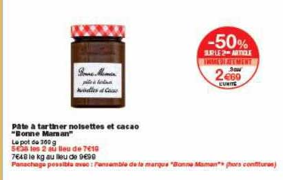 pâte à tartiner noisettes et cacao bonne maman -50% sur le 2ème article