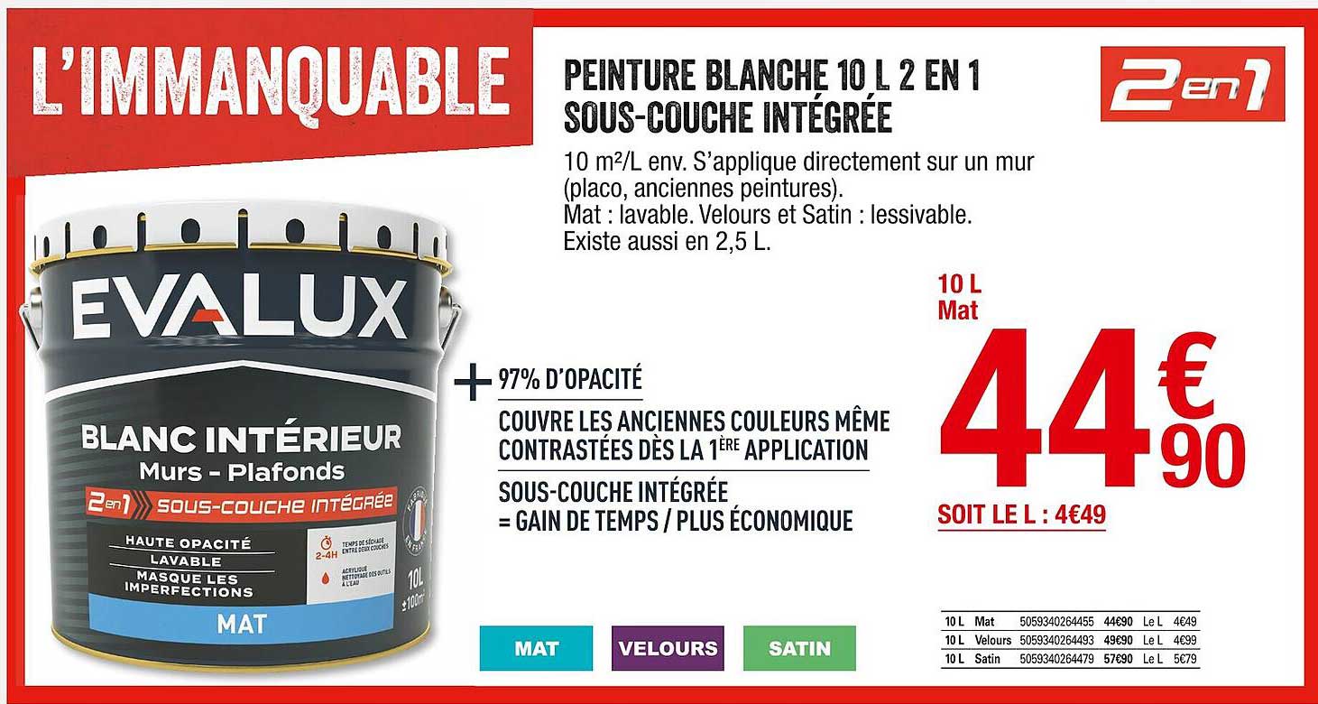 peinture blanche 10 l 2 en 1 sous-couche intégrée evalux