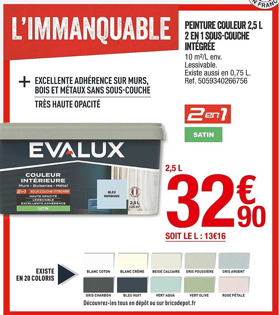 Peinture Couleur 2,5 L 2 En 1 Sous-couche Intégrée Evalux