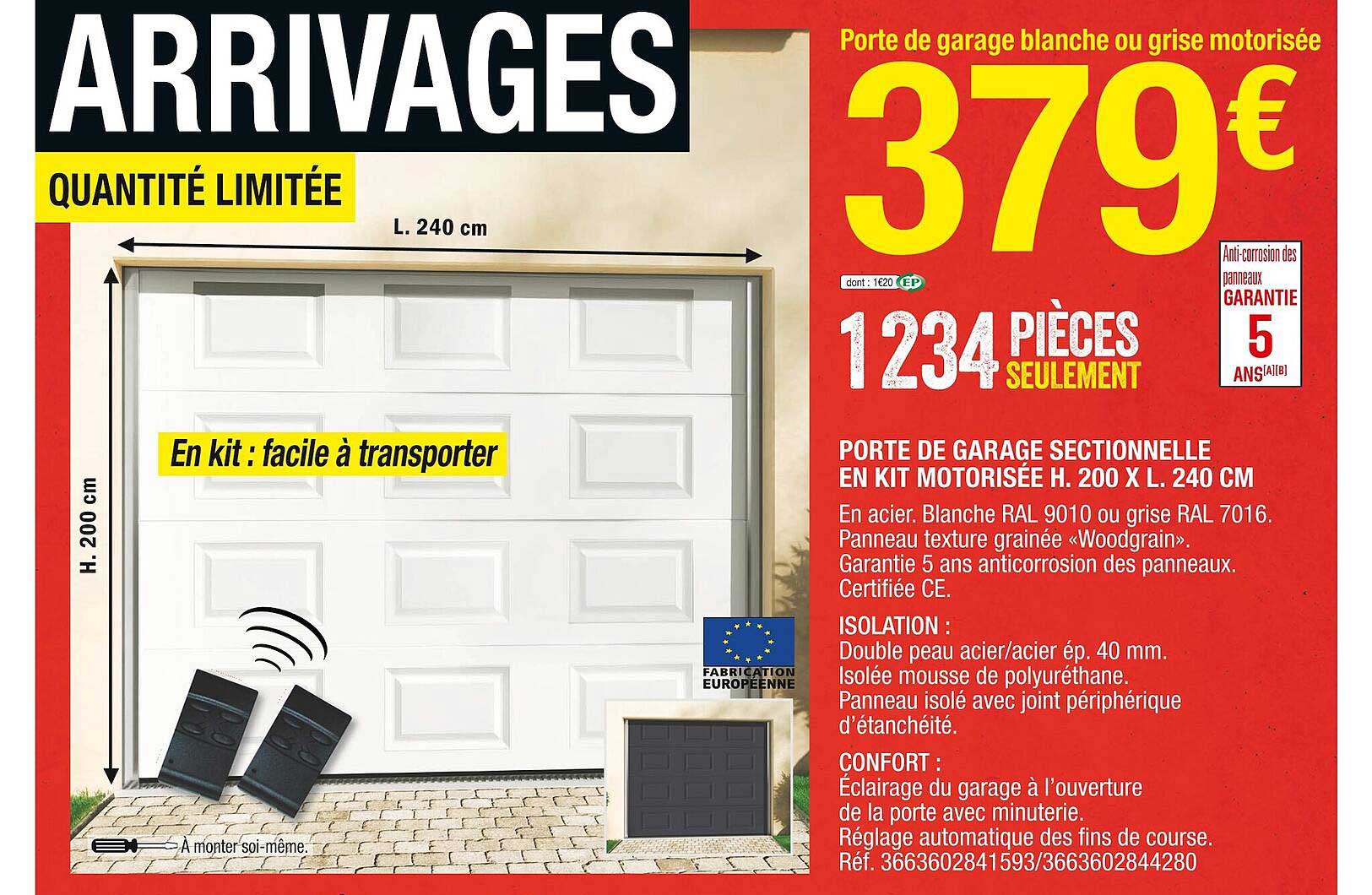 Porte De Garage Sectionnelle En Kit Motorisée H. 200 X L. 240 Cm