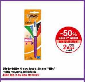 stylo-bille 4 couleurs shine bic -50% sur le 2ème article immédiatement