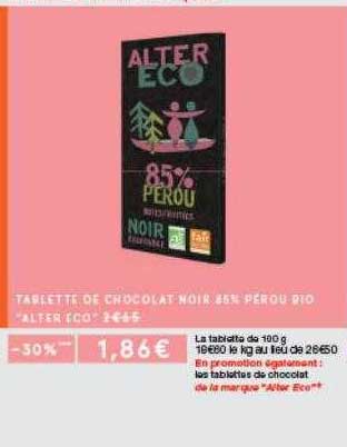 tabletee de chocolat noir 85% perou bio alter eco