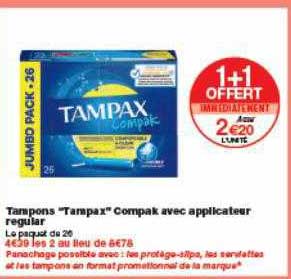 tampons tampax compak avec applicateur regular 1+1 offert