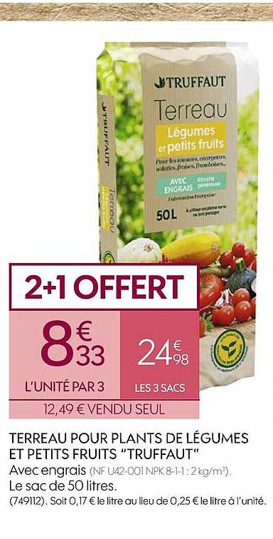 terreau pour plants de légumes et petits fruits truffaut 2+1 offert