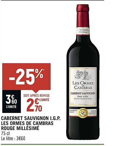 cabernet sauvignon i.g.p. les ormes de cambras rouge millésimé