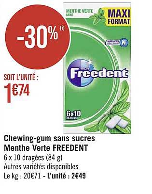 chewing-gum sans sucres menthe verte freedent