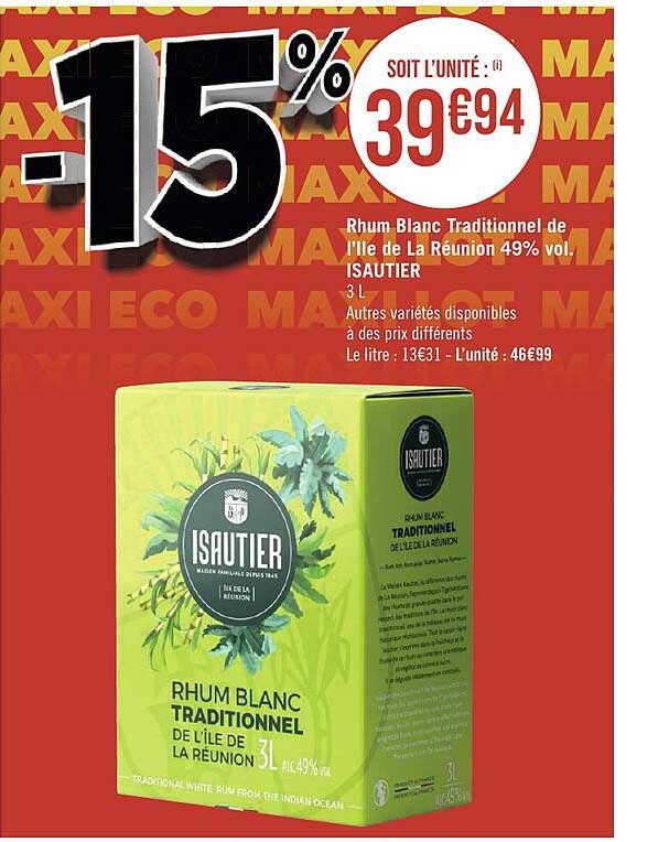 rhum blanc traditionnel de l'île de la réunion 49% vol. isautier