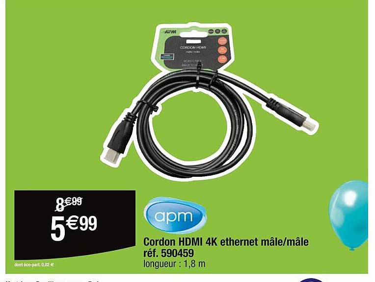 cordon hdmi 4k ethernet mâle/mâle apm