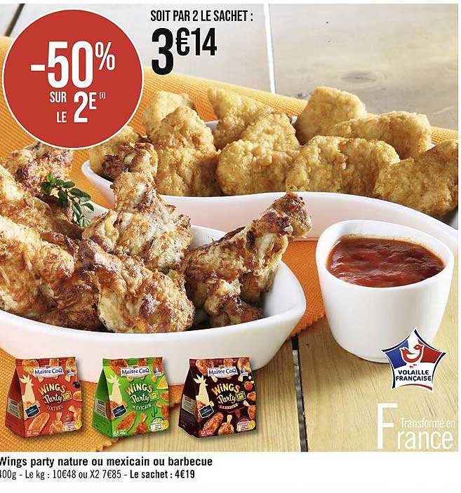 wings party nature ou mexicain ou barbecue maître coq