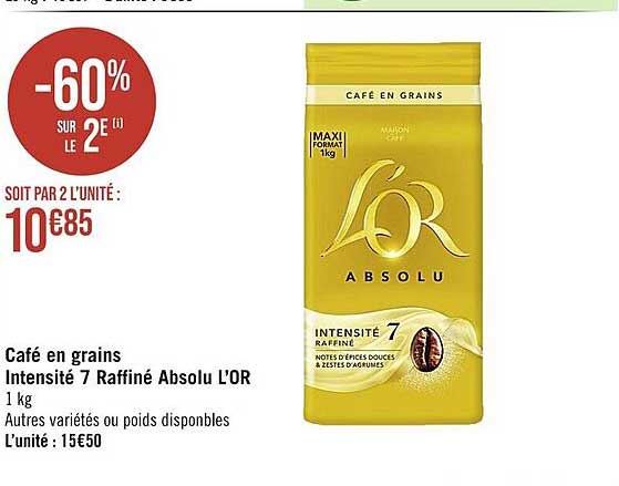 café en grains intensité 7 raffiné absolu l'or
