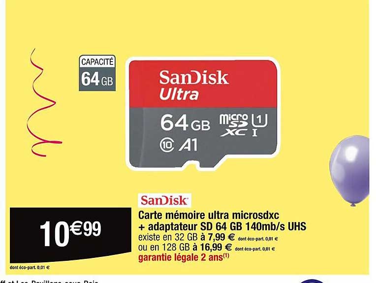 carte mémoire ultra microsdxc + adaptateur sd 64 gb 140 mb/s uhs sanDisk