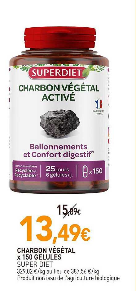charbon végétal x 150 gélules super diet