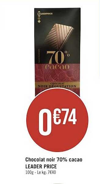 chocolat noir 70% cacao leader price