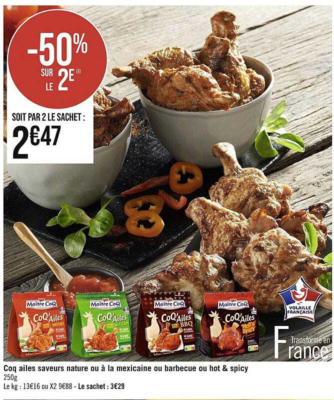coq ailes saveurs nature ou à la mexicaine ou barbecue ou hot & spicy