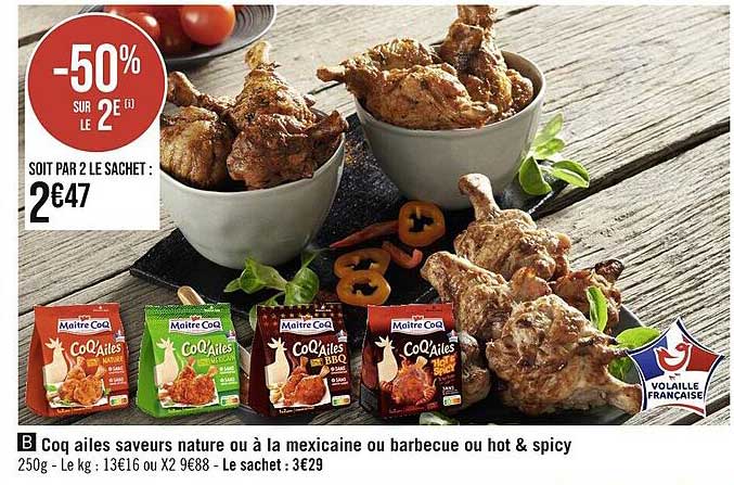 coq ailes saveurs nature ou à la mexicaine ou barbecue ou hot & spicy maître coq