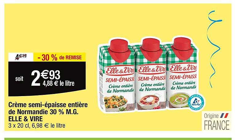 crème semi-épaisse entière de normandie 30% m.g. elle & vire