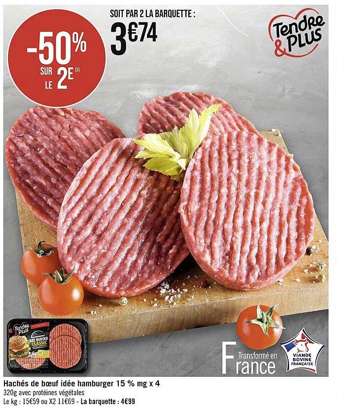 hachés de bœuf idée hamburger 15% mg x4 tendre & plus
