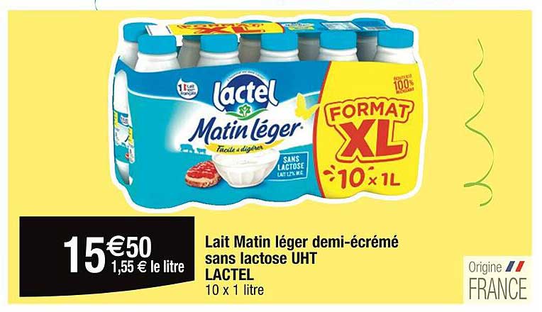 lait matin léger demi-écrémé sans lactose uht lactel